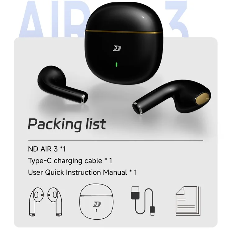 Fones de Ouvido Sem Fio ND Air 3 Bluetooth 5.4 com Driver Dinâmico de 13mm, Semi In-Ear HiFi - Preto