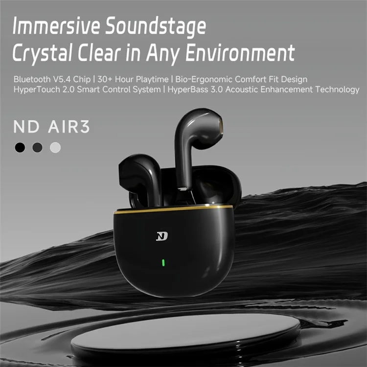 Fones de Ouvido Sem Fio ND Air 3 Bluetooth 5.4 com Driver Dinâmico de 13mm, Semi In-Ear HiFi - Preto