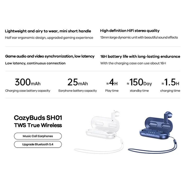 REMAX Cozybuds SH01 TWS Earbuds Wireless Earphones HiFi Stereo Sound Low Latency Gaming Headphones - White