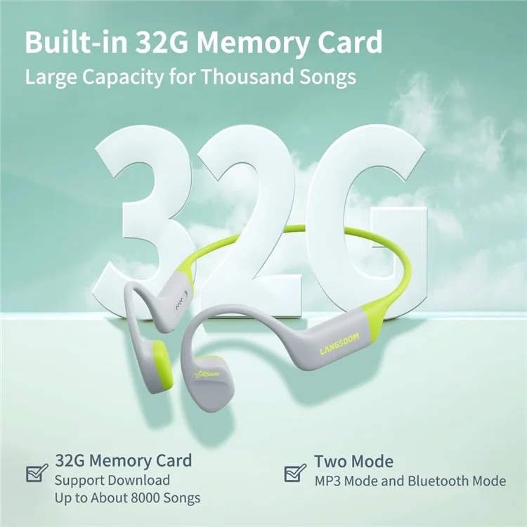 LANGSDOM BE15 Écouteurs à conduction osseuse Bluetooth compatibles à oreille ouverte avec 32 Go de stockage intégré - Gris+Vert