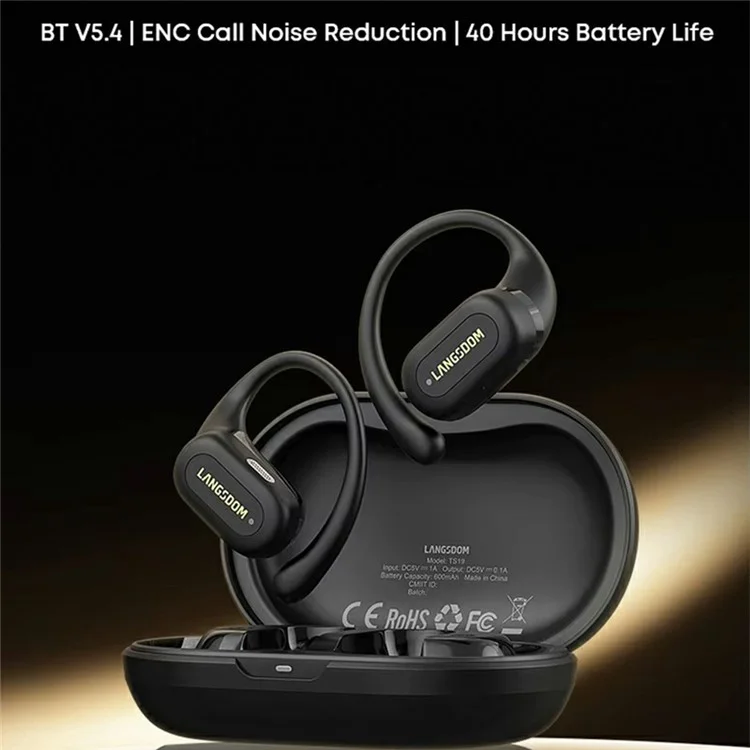 LANGSDOM TS19 Sports Wireless Earphones with Mic Ear Hook Design Bluetooth-Compatible Waterproof Music Headset - Black