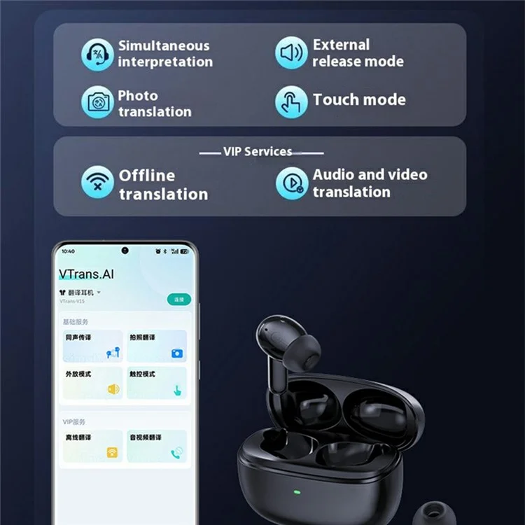 Vtrans V17 Real Time Translation Earbuds Multi Language Interpreter for Business Meetings Simultaneous Interpretation