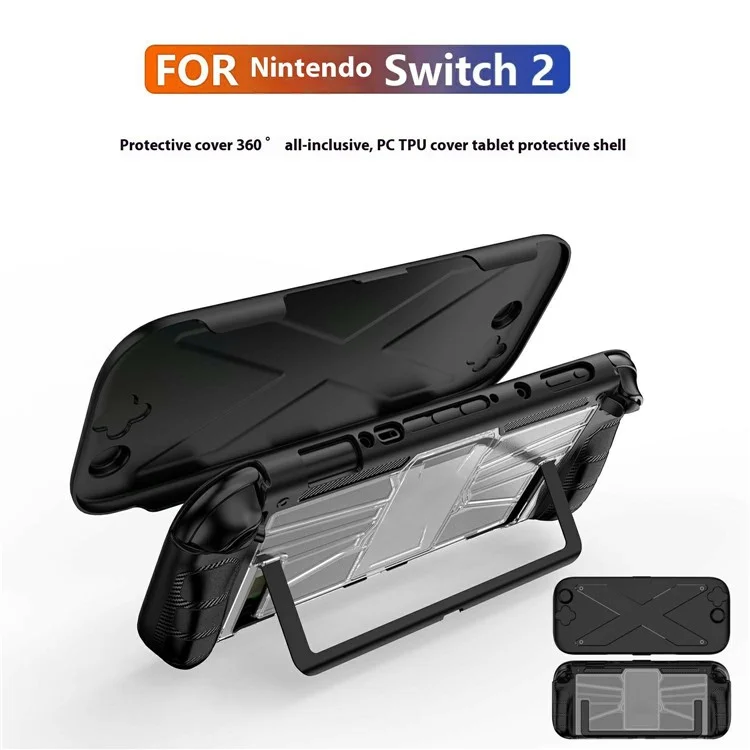 Pour Nintendo Switch 2 Étui de protection intégral PC + TPU Housse antichoc avec attache de câble en silicone - Noir