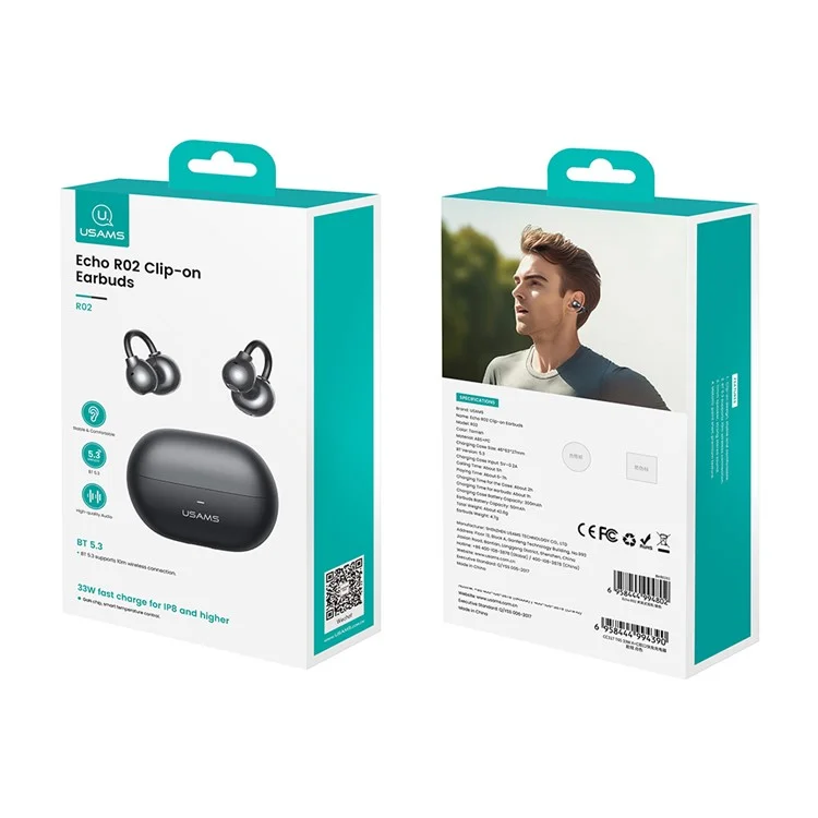 USAMS Echo R02 Bluetooth-совместимые наушники-клипсы Музыкальная гарнитура с временем воспроизведения 25 часов