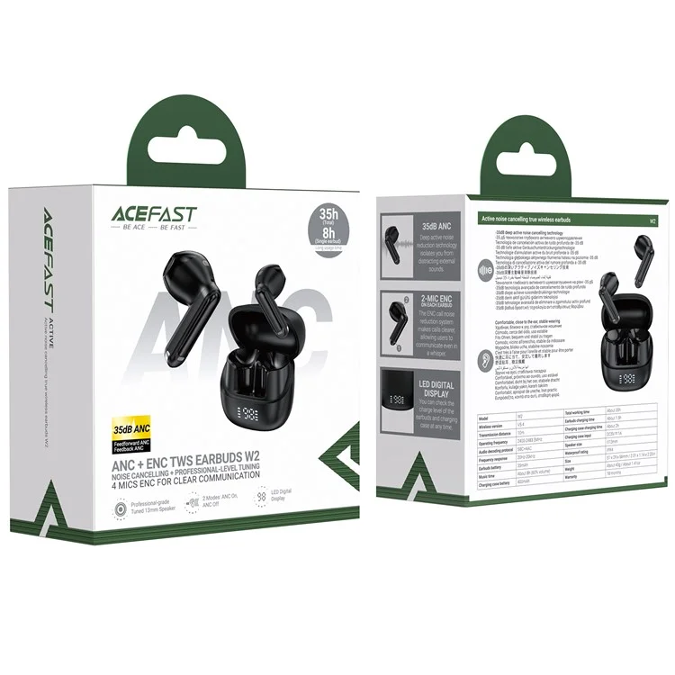 ACEFAST W2 TWS Bluetooth-совместимые беспроводные наушники с активным шумоподавлением и зарядным чехлом со светодиодным дисплеем