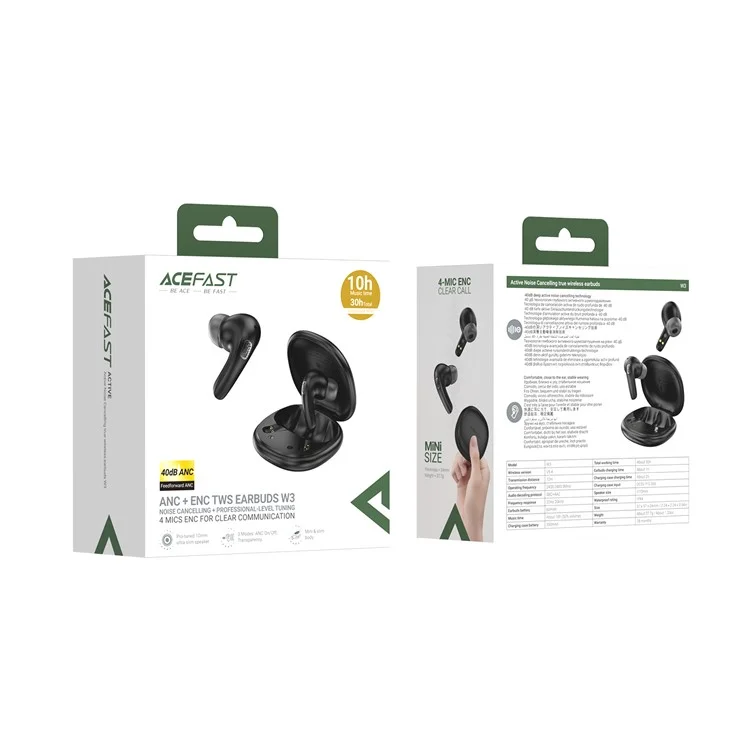 ACEFAST W3 Auricolari TWS Bluetooth con Cancellazione Attiva del Rumore Wireless In-Ear - Nero