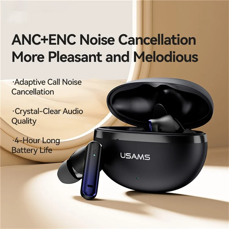 USAMS Echo E02 Wireless In-Ear Earbuds Bluetooth-Compatible 5.3 ANC + ENC Noise Cancelling Headphones - Black