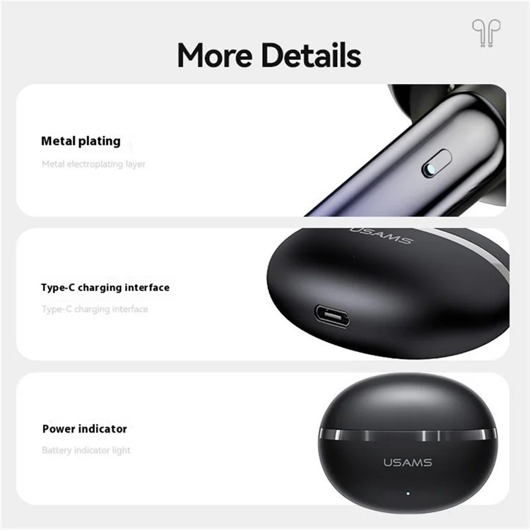 USAMS Echo E02 Wireless In-Ear Earbuds Bluetooth-Compatible 5.3 ANC + ENC Noise Cancelling Headphones - Black
