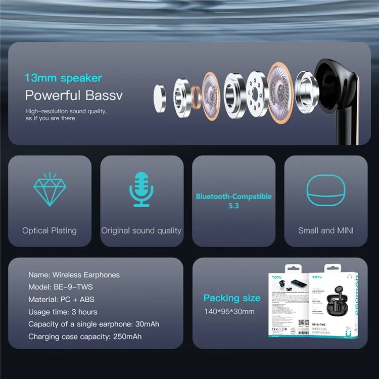 TOTU BE-9-TWS Wireless Earphones Bluetooth-Compatible Music Headset with Charging Case