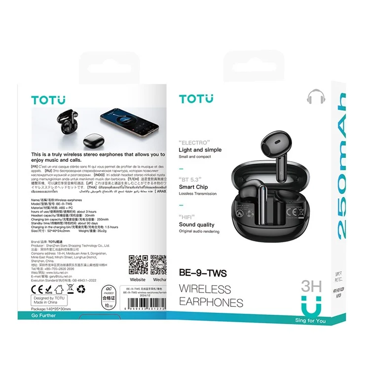 TOTU BE-9-TWS Wireless Earphones Bluetooth-Compatible Music Headset with Charging Case