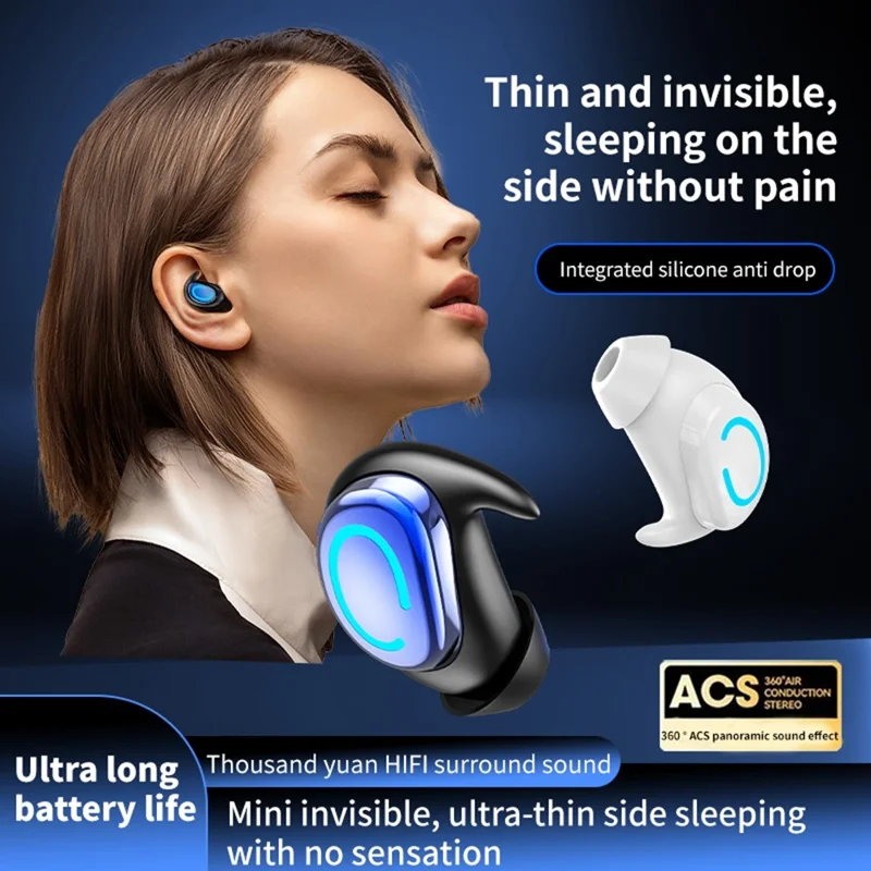 Q9 Wireless Mini Single Earbud Noise Cancelling Invisible In-Ear Headphone for Sleep - White