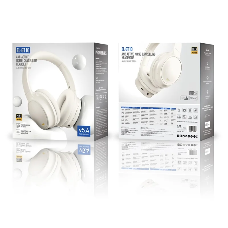 EL-GT10 Bluetooth-Compatible Headphone Active Noise Cancelling Over Ear Wireless Gaming Music Headset - White
