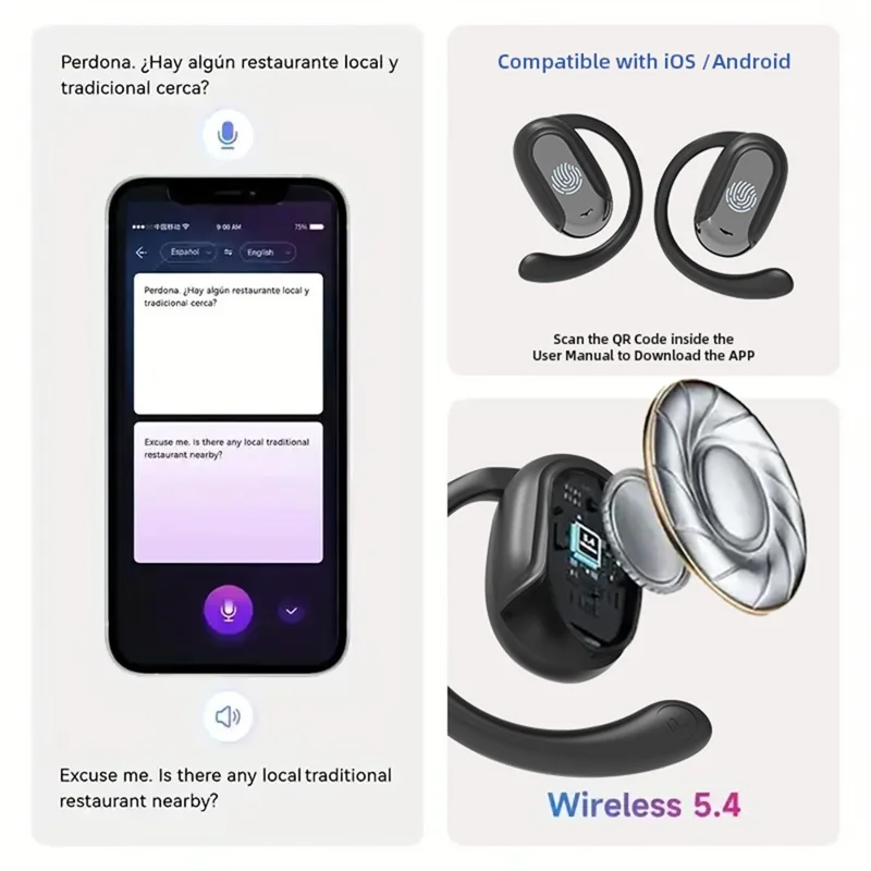 Écouteurs de musique T20 compatibles Bluetooth avec traduction multilingue et réduction de bruit - Noir