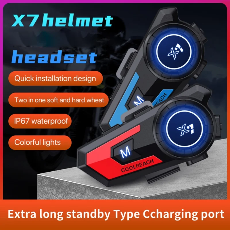 COOLREACH X7 Motorcycle Helmet Bluetooth-Compatible Headset Waterproof Wireless Earpiece with 2 in 1 Soft and Hard Mic - Red