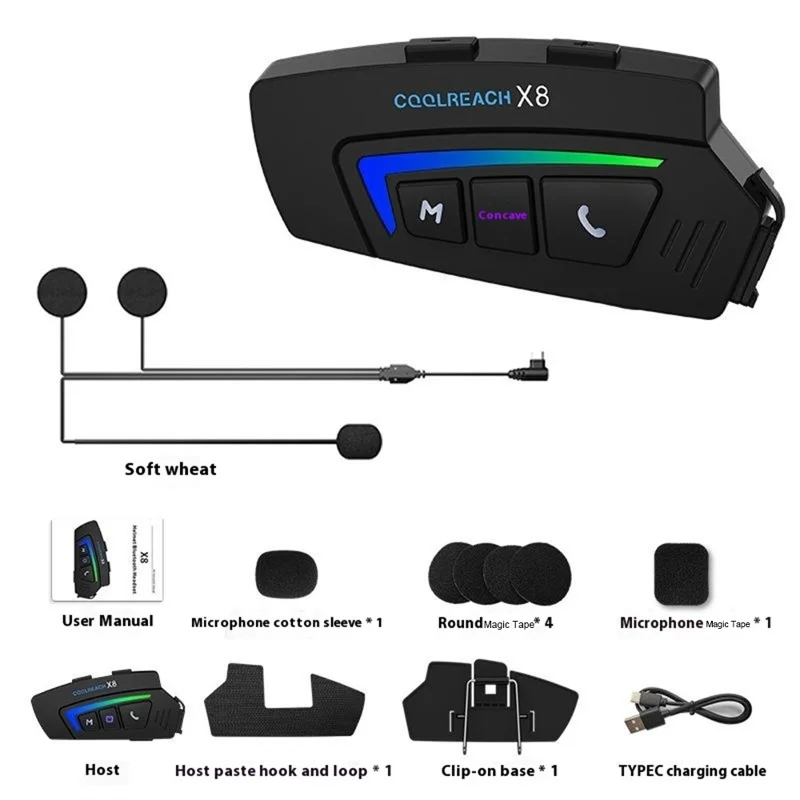 COOLREACH X8 Motorcycle Helmet Bluetooth-Compatible Headset Wireless Riding Waterproof Earphones with RGB Light - Hard Mic