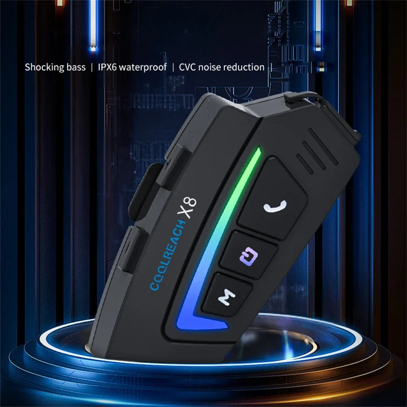 COOLREACH X8 Motorcycle Helmet Bluetooth-Compatible Headset Wireless Riding Waterproof Earphones with RGB Light - Hard Mic