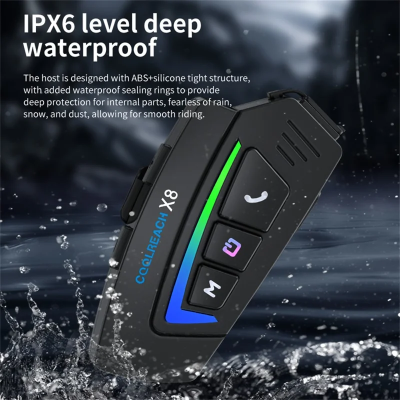 COOLREACH X8 Motorcycle Helmet Bluetooth-Compatible Headset Wireless Riding Waterproof Earphones with RGB Light - Hard Mic