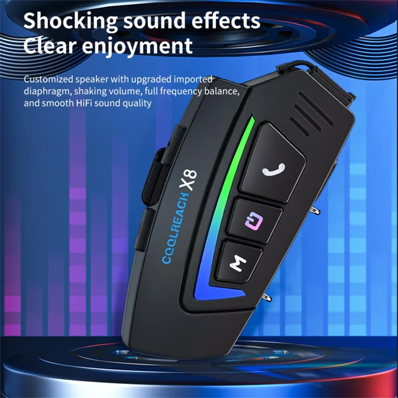 COOLREACH X8 Motorcycle Helmet Bluetooth-Compatible Headset Wireless Riding Waterproof Earphones with RGB Light - Hard Mic
