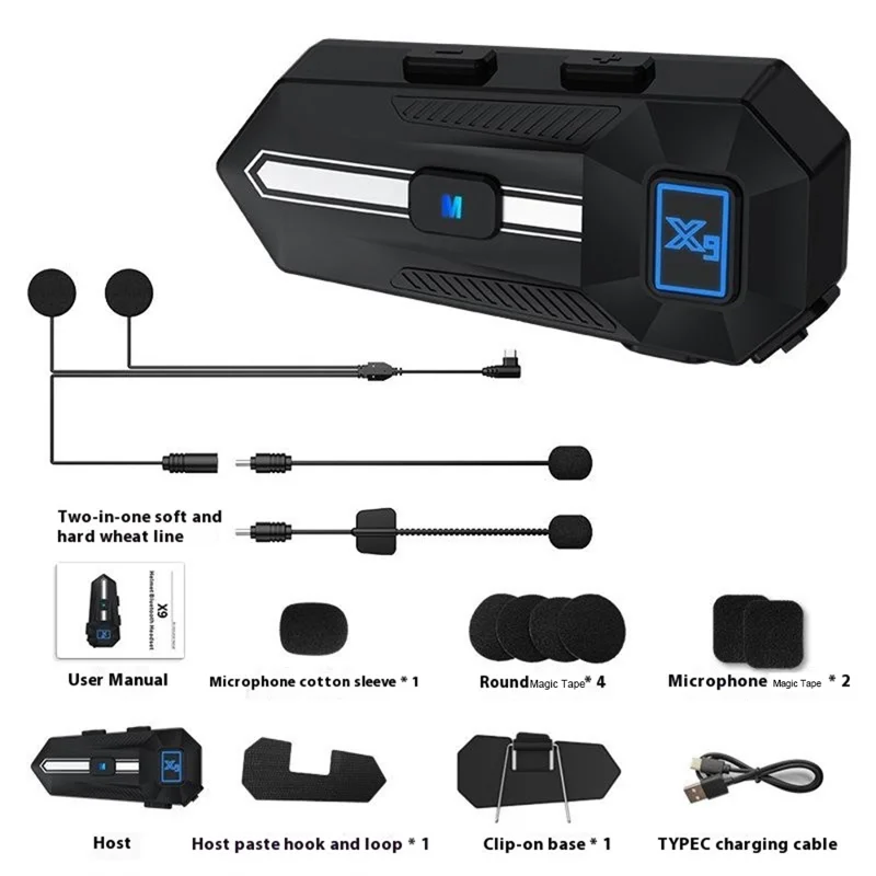 X9 Motorcycle Helmet Bluetooth-Compatible Headset Waterproof Wireless Riding Earphones with 2 in 1 Soft and Hard Mic - White