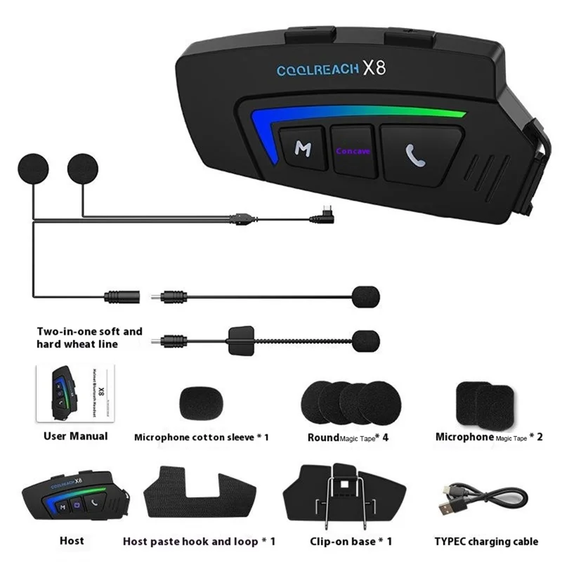 COOLREACH X8 Casque moto Casque Bluetooth Compatible Écouteurs sans fil pour la conduite avec microphone souple et dur 2 en 1