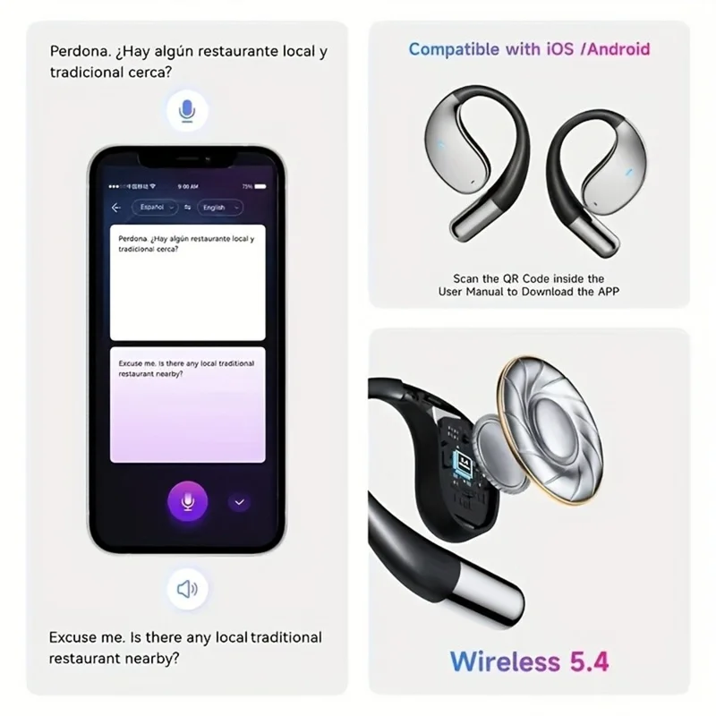 Q39 Auricolari con Traduzione in 144 Lingue, Audio HiFi, Bluetooth, Cuffie Musicali Open Ear - Nero