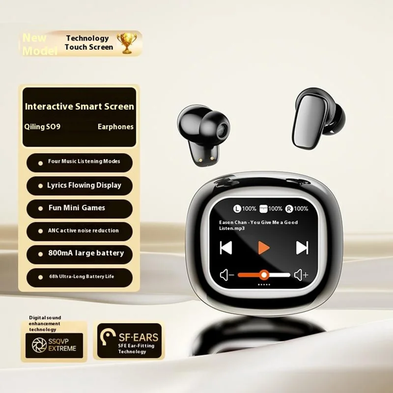 S09 Wireless Earbuds with Full Color Touch Screen Charging Case Noise Cancellation Bluetooth-compatible Headphones - Black