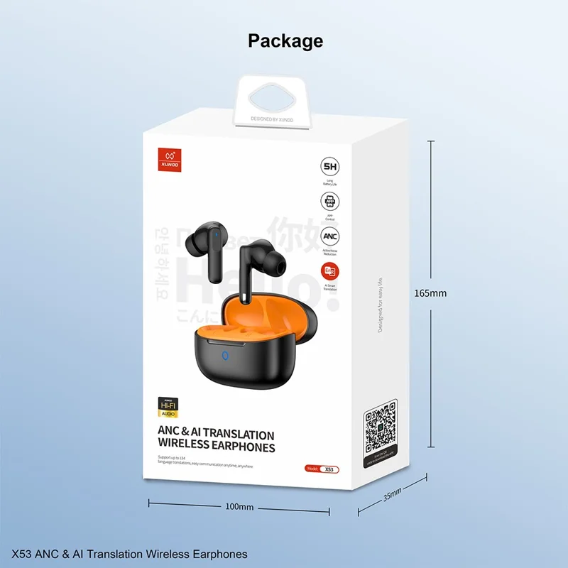 XUNDD X53 ANC Noise-Cancelling TWS Bluetooth-kompatible Ohrhörer mit 134-Sprachen-KI-Übersetzung - Schwarz