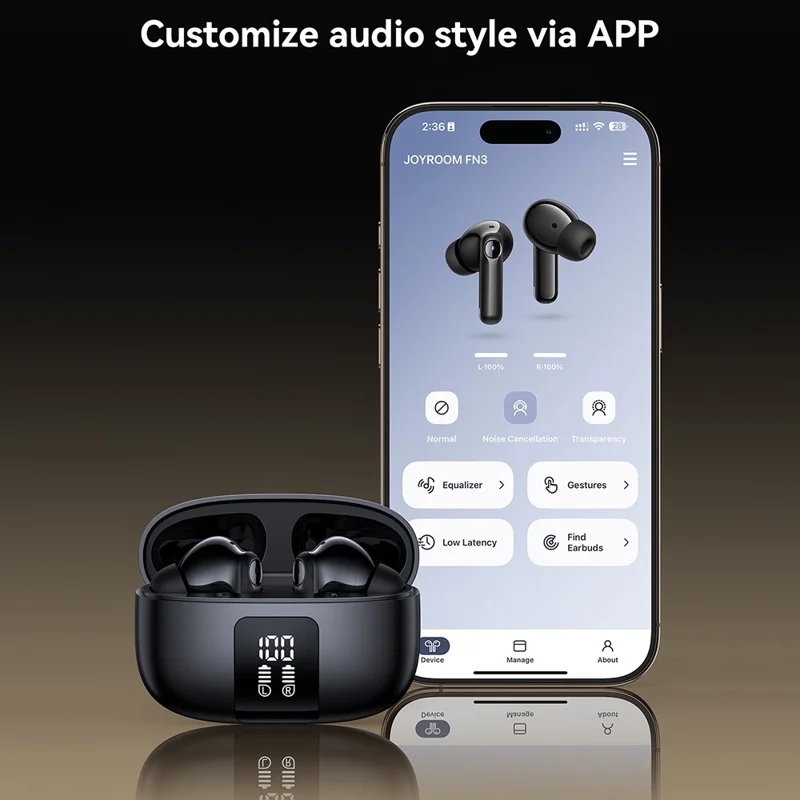 JOYROOM JR-FN3 Écouteurs sans fil Bluetooth Compatible ANC Réduction de Bruit Active Contrôle par Application Intelligente - Noir