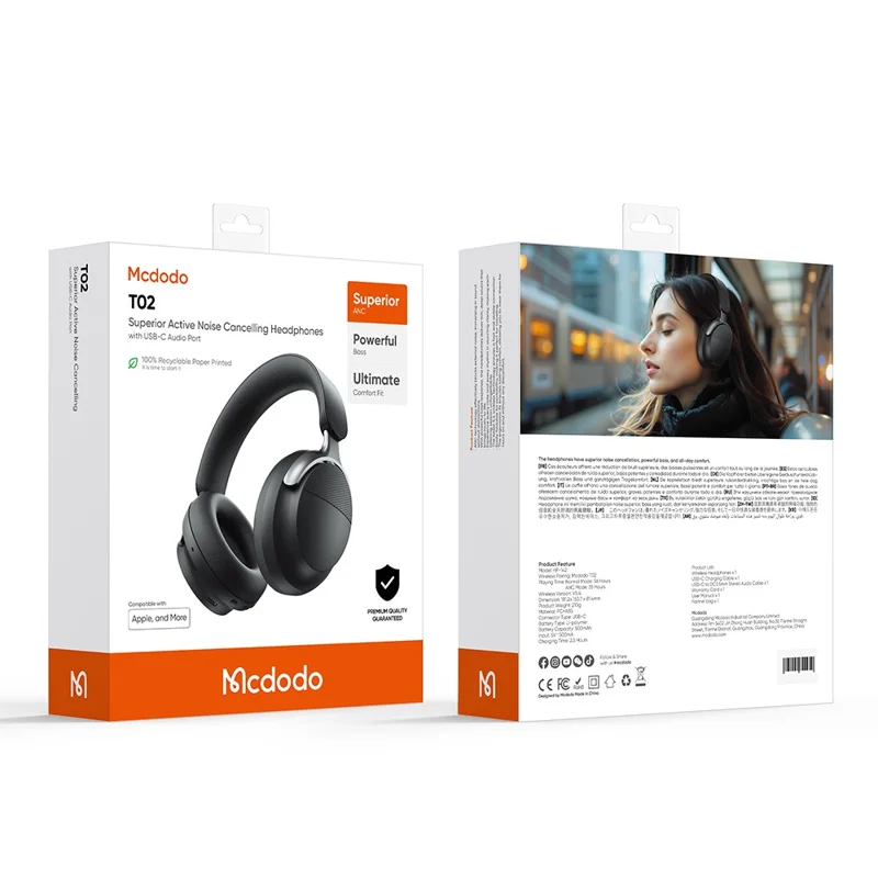 MCDODO HP-142 Auriculares Superiores con Cancelación Activa de Ruido Bluetooth - Negro