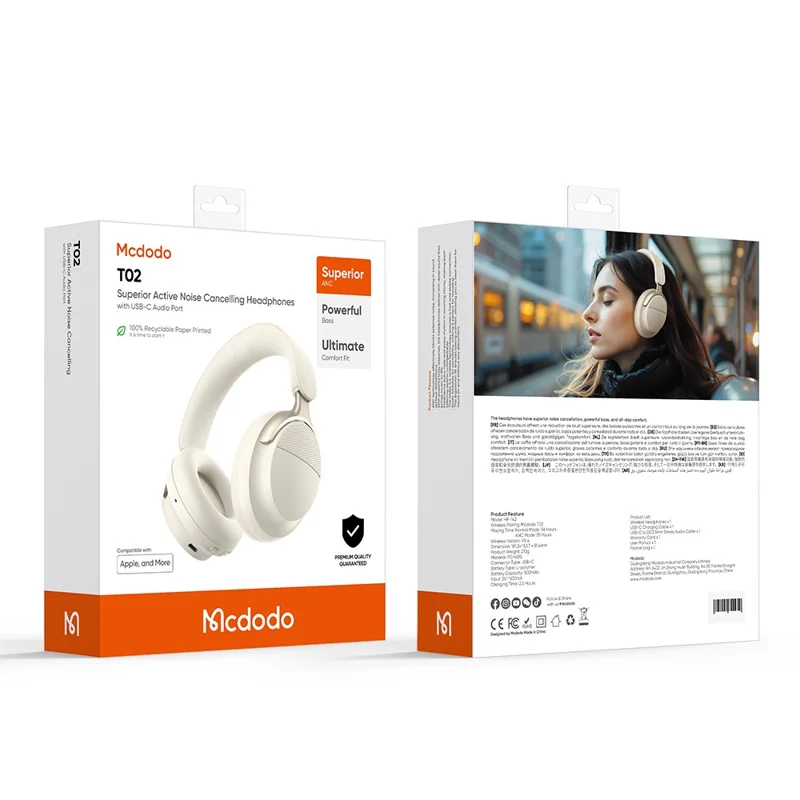 MCDODO HP-142 Superior Active Noise Cancelling Over Ear Headphones Bluetooth-compatible Headset - Beige