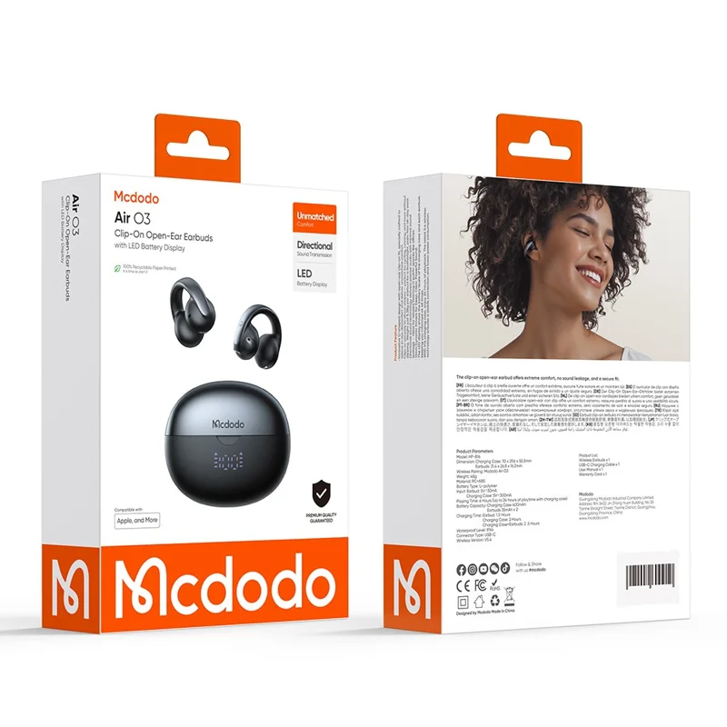 MCDODO HP-816 Clip On C Shape Earbuds Bluetooth-compatible Open Ear Headphones with LED Battery Display