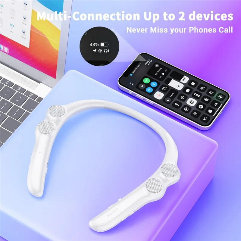 BLUENIN 929S Alto-falante Vestível Compatível com Bluetooth, Som Estéreo Envolvente, à Prova d'Água, Dispositivo de Áudio de Pescoço para Uso Externo - Branco