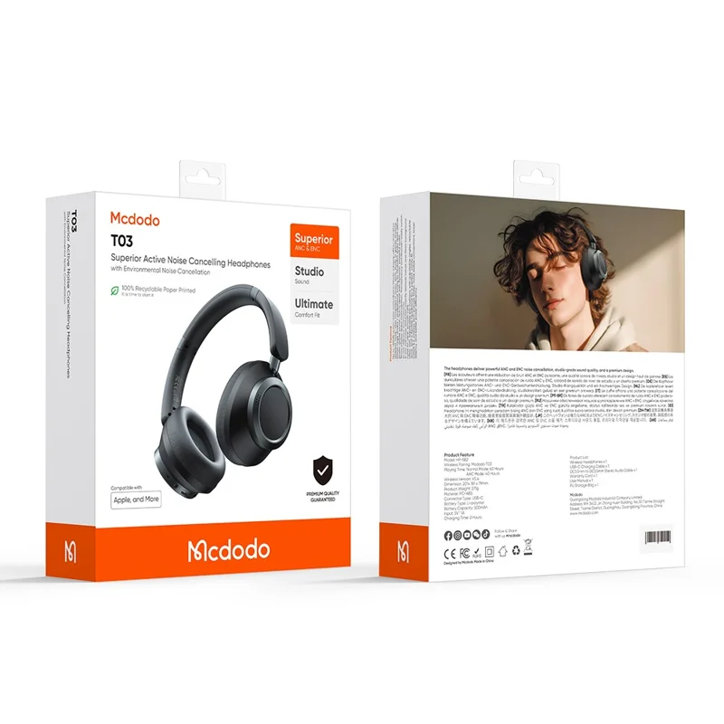 MCDODO HP-582 T03 Casque Bluetooth à Réduction de Bruit Active Over-Ear - Noir