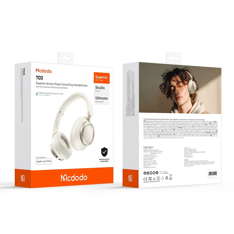 MCDODO HP-582 T03 Série Casque Bluetooth à Réduction de Bruit Antibruit - Beige