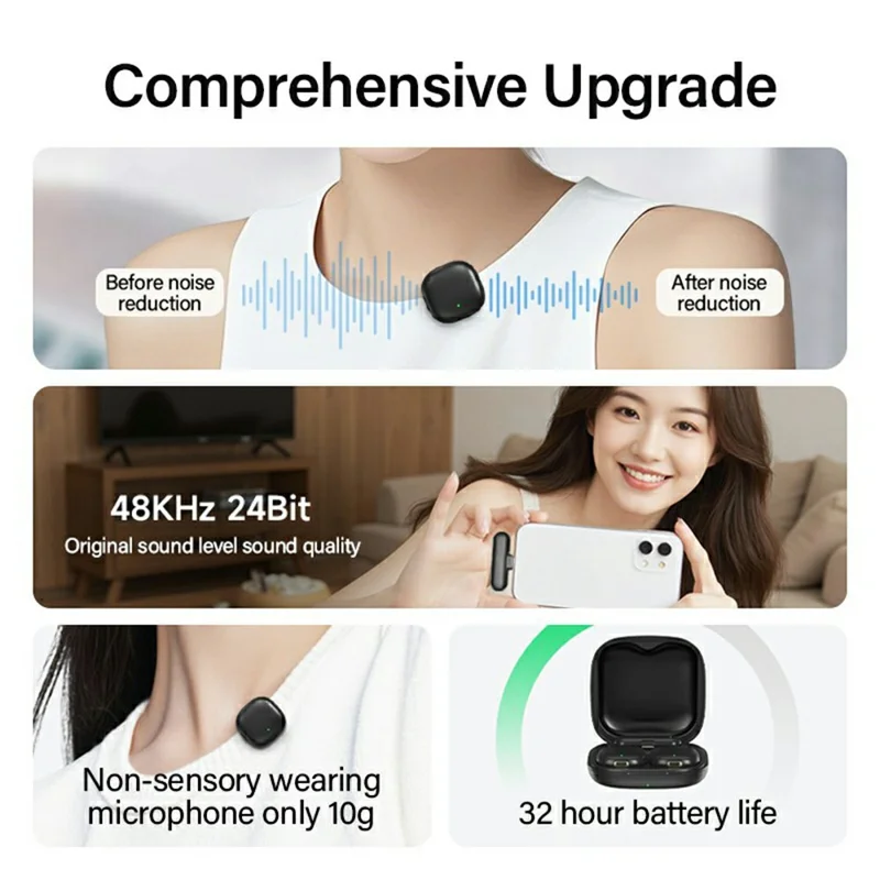 V36 Para iPhone 15 / 16 / Android Mini Microfone de Lapela Sem Fio com Cancelamento de Ruído por IA e Receptor USB-C