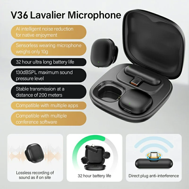 V36 Para iPhone 15 / 16 / Android Mini Microfone de Lapela Sem Fio com Cancelamento de Ruído por IA e Receptor USB-C