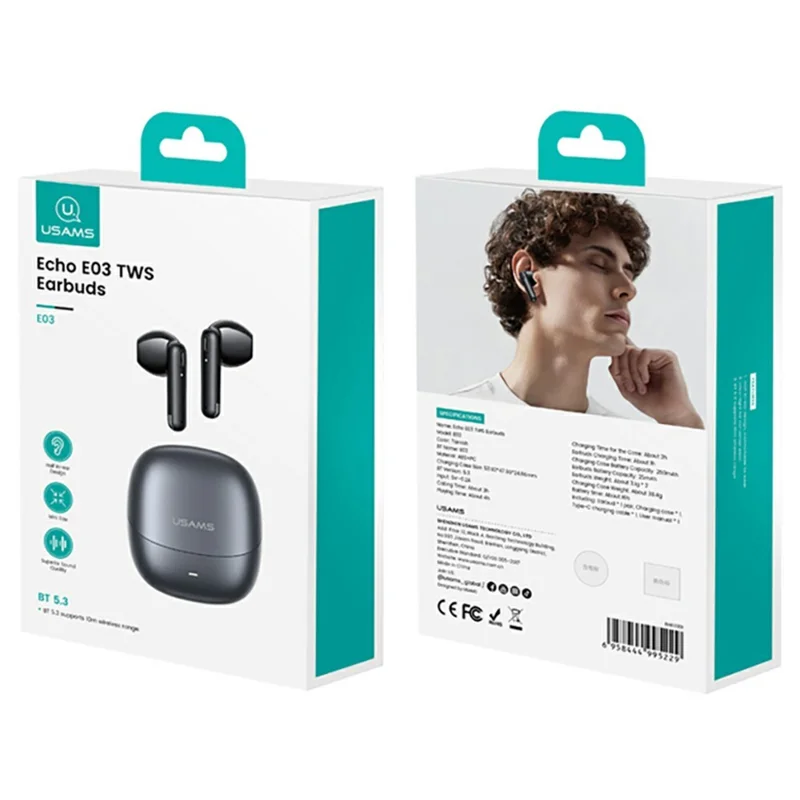 USAMS Echo E03 Semi In Ear Headphones AAC Lossless Audio Bluetooth-compatible TWS Earbuds