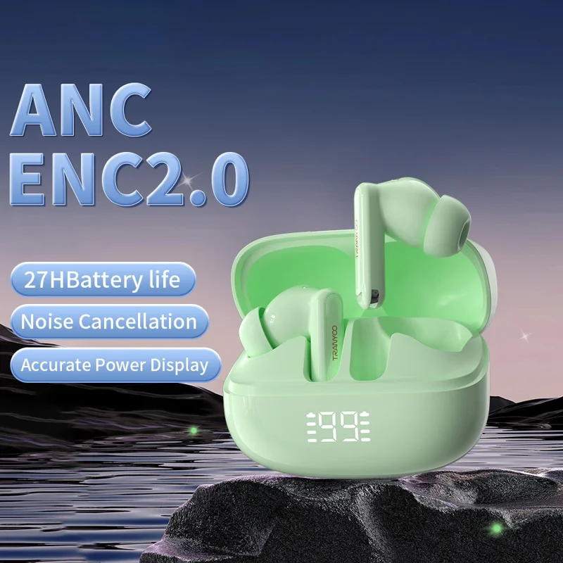 TRANYOO T-M6 Bluetooth-Compatible Earbuds ANC ENC 2.0 Noise Cancelling In Ear Music Headset - Green