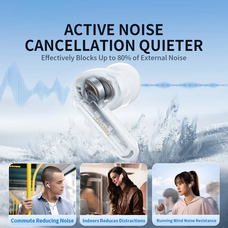 TRANYOO T-M6 Bluetooth-Compatible Earbuds ANC ENC 2.0 Noise Cancelling In Ear Music Headset - Green