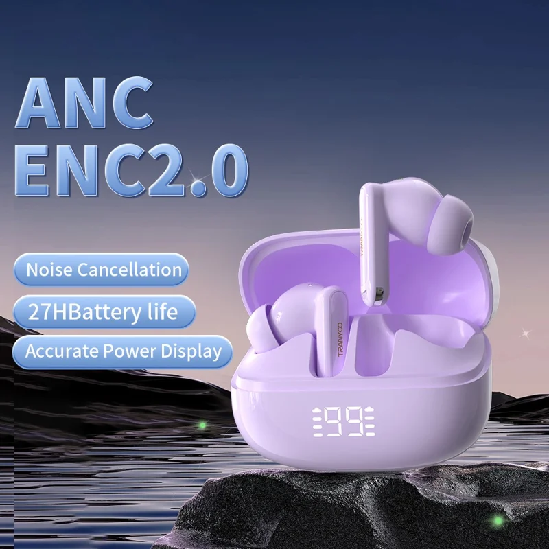 TRANYOO T-M6 Bluetooth-Compatible Earbuds ANC ENC 2.0 Noise Cancelling In Ear Music Headset - Purple