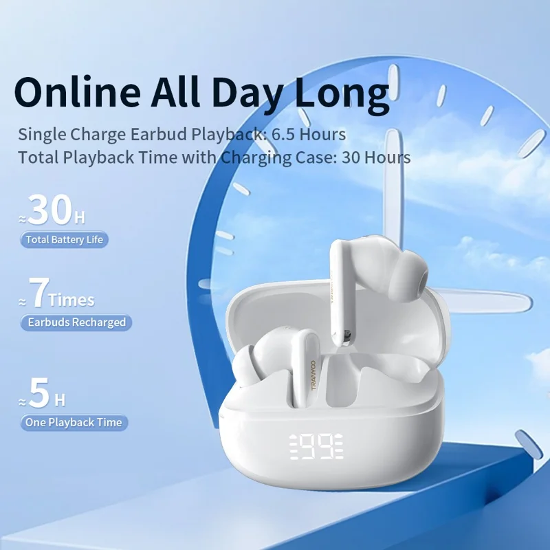 TRANYOO T-M6 Bluetooth-Compatible Earbuds ANC ENC 2.0 Noise Cancelling In Ear Music Headset - White