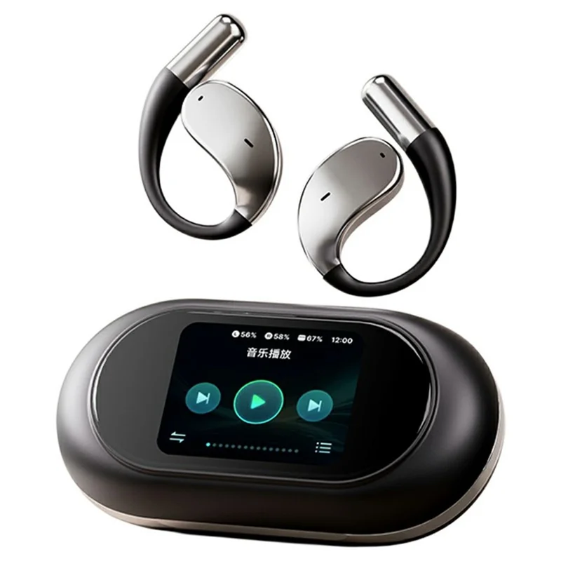 Q39 Pro Bluetooth-Compatible Earphones Support TF Card OWS Earhook Headsets with Color Screen Charging Case - Black