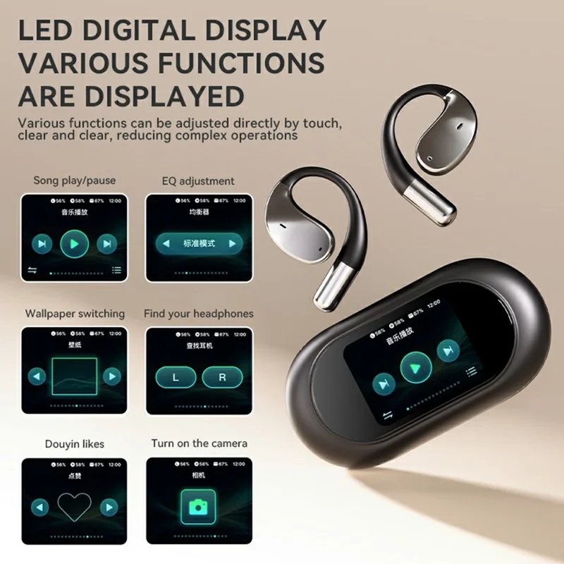 Q39 Pro Bluetooth-Compatible Earphones Support TF Card OWS Earhook Headsets with Color Screen Charging Case - Black