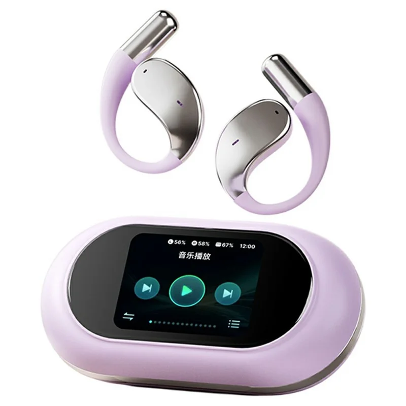 Q39 Pro Bluetooth-Compatible Earphones Support TF Card OWS Earhook Headsets with Color Screen Charging Case - Purple