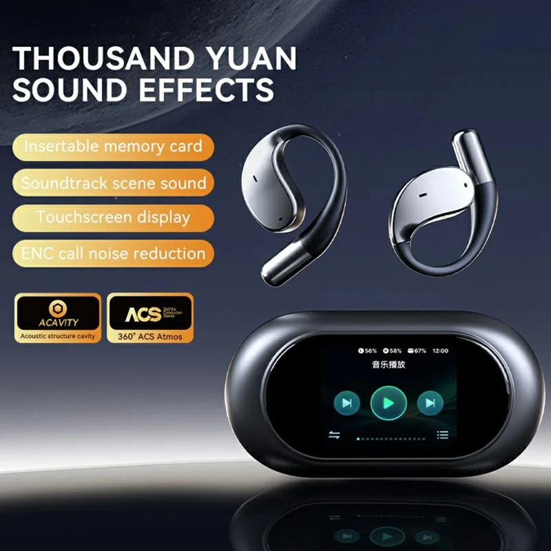 Q39 Pro Bluetooth-Compatible Earphones Support TF Card OWS Earhook Headsets with Color Screen Charging Case - Purple