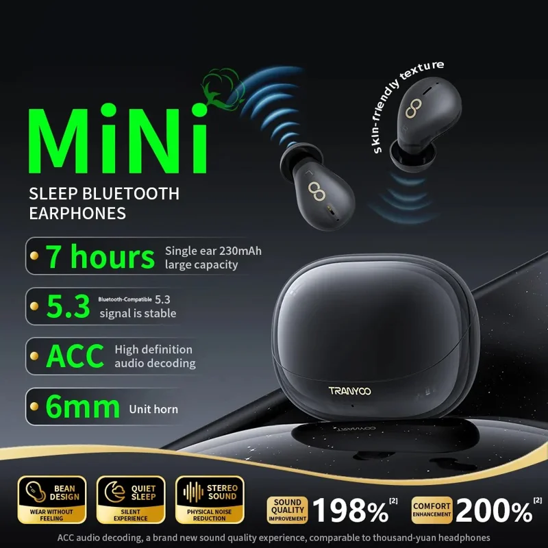 TRANYOO T-M29 Auriculares Mini TWS Compatibles con Bluetooth para Dormir, Ligeros, para Música, Intraurales - Negro