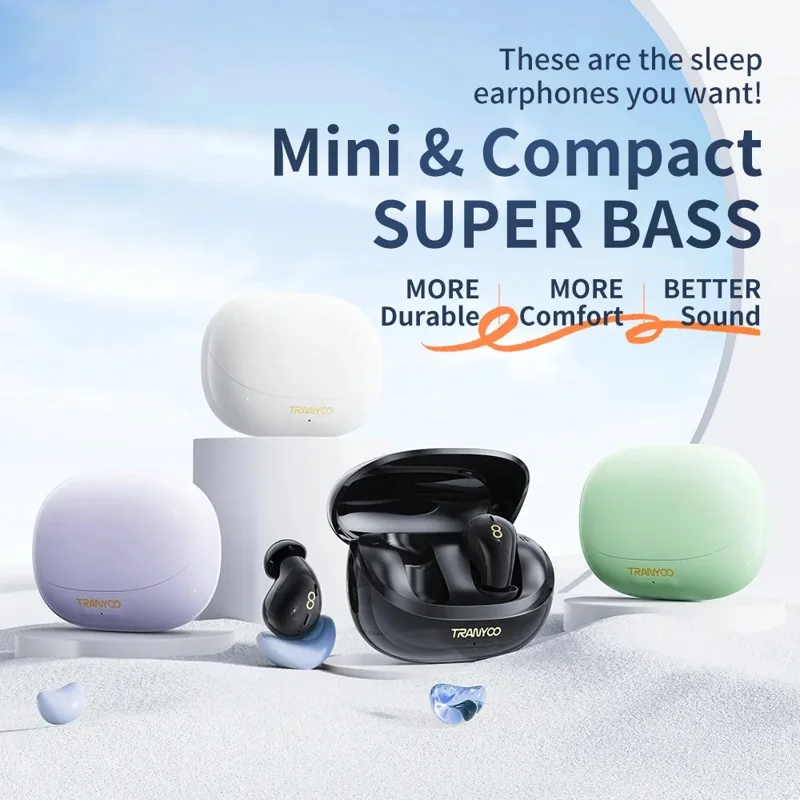 TRANYOO T-M29 Auriculares Mini TWS Compatibles con Bluetooth para Dormir, Ligeros, para Música, Intraurales - Negro