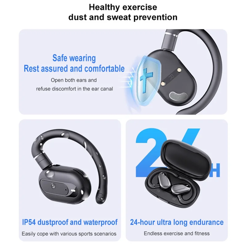 Беспроводные наушники-вкладыши с открытым ухом, совместимые с Bluetooth 5.4, для занятий спортом на улице, стереозвук - Черный