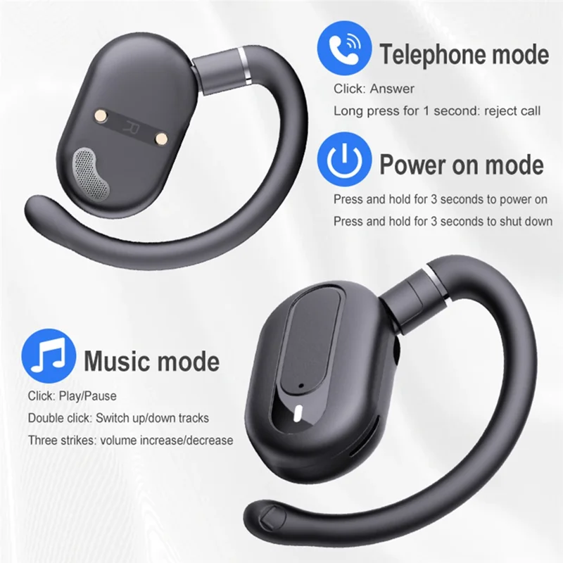 Беспроводные наушники-вкладыши с открытым ухом, совместимые с Bluetooth 5.4, для занятий спортом на улице, стереозвук - Черный