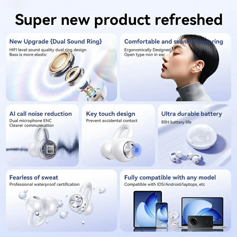 DL3 Ear Clip Wireless Bluetooth-compatible Earphones HiFi Sound Noise Reduction Earbuds - White